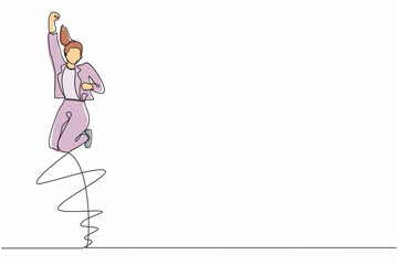 Poster - Single continuous line drawing happy businesswoman jump with folds one leg and raises one hand. Female manager celebrating success of increasing company product sales. One line graphic design vector