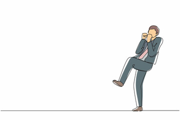 Poster - Continuous one line drawing happy businessman standing with fold one leg and do the yes gesture with both hands. Office worker celebrate success of company project. Single line draw design vector
