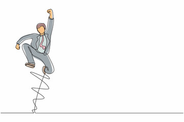 Poster - single one line drawing happy businessman jump with folds one leg and raises one hand. male manager 