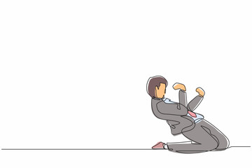 Poster - Continuous one line drawing happy businessman kneeling with celebrating goal pose. Office worker celebrate success of company financial project. Single line draw design vector graphic illustration