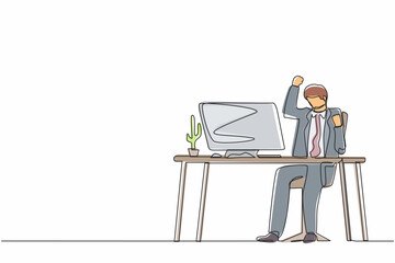 Poster - Single continuous line drawing happy businessman sitting on workplace with raised one hand high and raised the other. Worker celebrates salary increase from company. One line graphic design vector