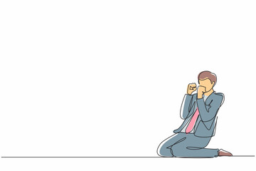 Poster - Single continuous line drawing happy businessman kneeling with gesture of both hands yes. Salesman celebrates salary increase and benefits from company. One line graphic design vector illustration