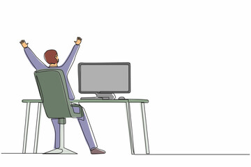 Poster - Single continuous line drawing back view happy man completed task and triumphing with raised hands on the his workplace. Successful well done work. Completed task. One line draw graphic design vector