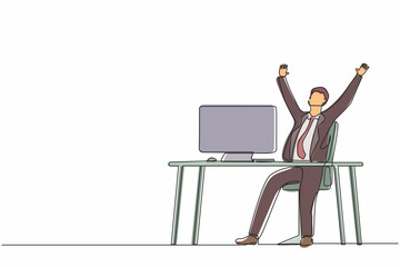 Poster - Continuous one line drawing happy businessman sitting with raised hands on the his workplace. Office worker celebrate success of company project. Single line draw design vector graphic illustration