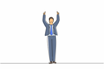 Poster - Single continuous line drawing happy businessman standing and both hands pointing with index fingers. Salesman celebrates salary increase from company. One line draw graphic design vector illustration