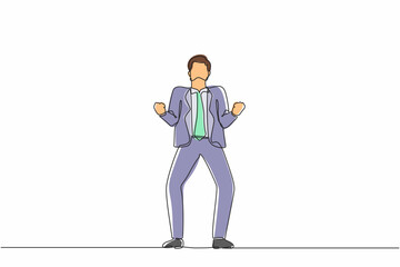 Poster - continuous one line drawing happy businessman standing with both hands do gesture yes. young office 