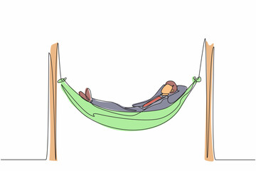 Poster - Single one line drawing young businessman is lying in hammock and dreaming about big money. Comfort and recreation. Achieve financial freedom. Continuous line draw design graphic vector illustration