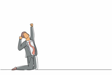 Poster - single continuous line drawing happy businessman kneeling with raised one hand high and raised the o