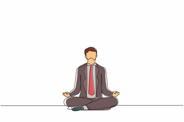 Poster - Single continuous line drawing businessman doing yoga. Office worker sitting in yoga pose, meditation, relaxing, calm down and manage stress. Dynamic one line draw graphic design vector illustration