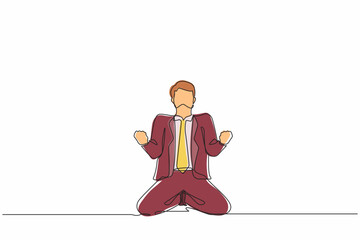 Poster - Single one line drawing happy businessman kneeling with both hands do gesture yes. Male manager celebrating success of increasing company's product sales. Continuous line draw design graphic vector