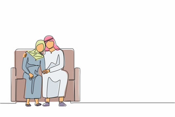 Poster - Continuous one line drawing Arabian man comforting sad woman. Male supporting female who is feeling emotional sad depressed. Husband embrace comforts his woman. Single line design vector illustration