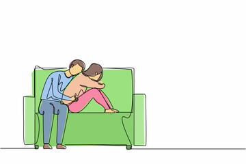 Poster - Single one line drawing man giving comfort and support to woman, hugging on her shoulder. Girl feeling stress, loneliness, anxiety. Counseling, empathy. Continuous line draw design graphic vector