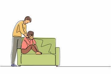 Poster - Continuous one line drawing man giving support and comfort to depressed crying woman, touching shoulders, helping to go through stress and anxiety. Empathy. Single line draw design vector illustration