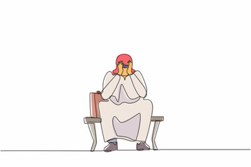 Poster - Single continuous line drawing sad Arab businessman, depression. Lonely man sitting on park bench. Young male character holding his head. Failure concept. One line graphic design vector illustration