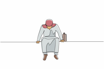 Poster - single continuous line drawing sad arab businessman sits at bench alone. man suffering from depressi