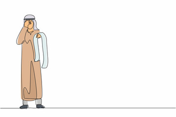 Poster - Continuous one line drawing financial problems and bankruptcy. Sad depressed Arabian businessman standing thinking about finding money for paying bills during crisis. Single line graphic design vector