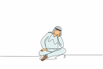 Poster - Single one line drawing Arab businessman who is asking questions or is confused because he gets into problem. Running out of ideas, daydreaming, sad, depressed. Continuous line design graphic vector