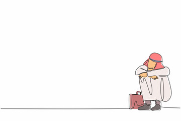 Poster - Single one line drawing depressed Arabian businessman suffer emotion sadness melancholy stress with briefcase sitting in despair on the floor. Worker sad expression. Continuous line draw design vector