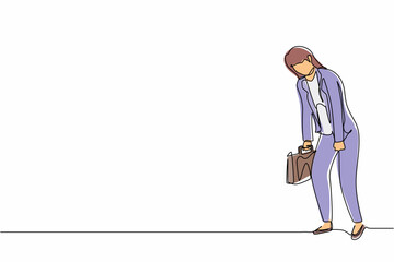 Poster - Single one line drawing sad businesswoman looking down, holding briefcase. Woman having mental pressure or stress. Bankruptcy on global economic recession. Continuous line draw design graphic vector