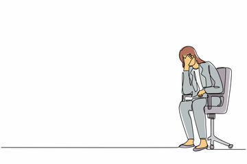 Poster - Single one line drawing sad depressed businesswoman sitting on chair thinking about finding money for paying bills during crisis. Financial problems and bankruptcy. Continuous line draw design vector