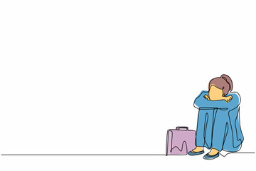 Poster - Single continuous line drawing depressed businesswoman suffer emotion sadness melancholy stress with briefcase sitting in despair on floor. Worker sad gesture expression. One line draw design vector