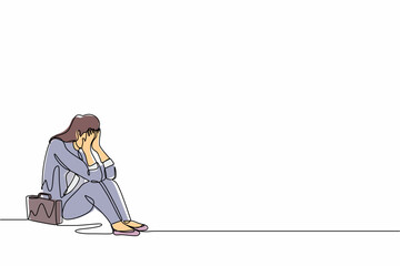 Poster - Single continuous line drawing businesswoman feeling sad and depression sitting on the floor. Office worker feeling blue, stress, sad. Depression for young people. One line draw graphic design vector