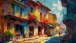 illustration of local passage with buildings and flowers in vivid colorful, Generative Ai