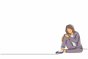 Poster - Single one line drawing very sad businesswoman sitting alone on the floor. Depressed young woman disorder, sad, sorrow, disappointment symptom. Continuous line draw design graphic vector illustration