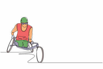 Poster - Single continuous line drawing racing on the sports wheelchair. Disability sportsman in games tournament. Hobbies and interests of people with disabilities. One line graphic design vector illustration