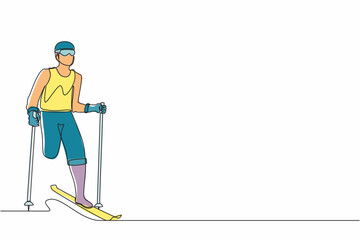 Poster - Single one line drawing male athlete skier without legs skiing in snow. sportsman with skis and poles in glasses in winter. Sport, tournament. Continuous line draw design vector illustration