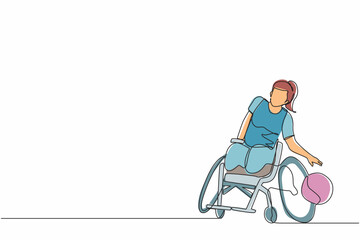 Poster - Single one line drawing athlete playing basketball sitting in wheelchair. woman with paralyzed legs training with ball. Person with disability doing sports. Continuous line draw design vector