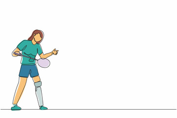 Poster - Single continuous line drawing female athlete playing badminton. woman with prosthetic leg holding racket. Person with disability performing sports activity. One line graphic design vector