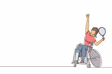 Poster - Single continuous line drawing wheelchair tennis sport. athlete in wheelchair with racket. Active people. Woman. Disability, social policy. Social support. One line draw graphic design vector