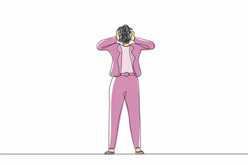 Poster - Single continuous line drawing businesswoman with round scribbles instead of head. Confused thoughtful pensive female asking questions searching answers, trouble solution. One line draw design vector