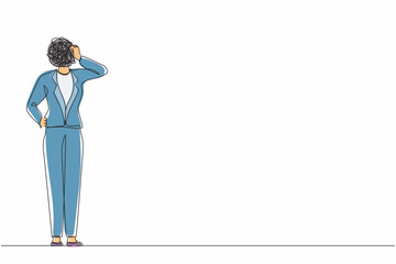Poster - Continuous one line drawing businesswoman with round scribbles instead of a head. Doubting woman standing and thinking, unsatisfied serious worrying human. Single line draw design vector illustration
