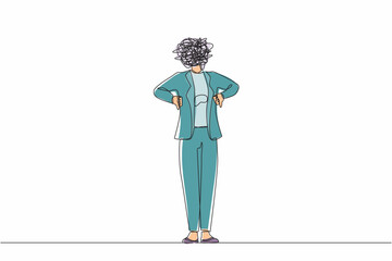 Poster - single continuous line drawing businesswoman with round scribbles instead of head. confused female m