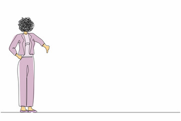 Poster - single one line drawing businesswoman with round scribbles instead of head. confused female showing 
