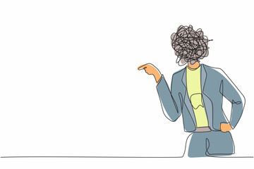 Poster - Single continuous line drawing businesswoman with round scribbles instead of head. Angry worker arguing, conflicting. Quarrel fight aggressive person. Female shouting. One line graphic design vector