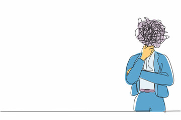 Poster - Single one line drawing businesswoman with round scribbles instead of head. Female manager in blazer standing in thoughtful pose holding her chin thinking. Continuous line draw graphic design vector