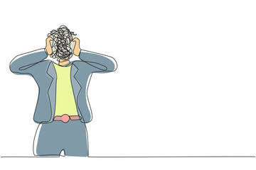 Poster - single continuous line drawing businesswoman with round scribbles instead of a head. confusion and m