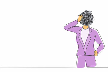 Poster - continuous one line drawing businesswoman with round scribbles instead of a head. doubting woman. me