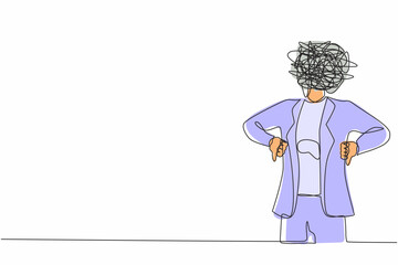 Poster - Single continuous line drawing businesswoman with round scribbles instead of head. Confused female manager showing thumbs down sign, dislike, negative expression. One line draw graphic design vector