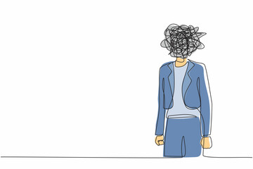 Poster - Single continuous line drawing businesswoman with round scribbles instead of head. Frustrated woman. Anxiety, confusion in thoughts. Chaos in head. Confusing process. One line graphic design vector
