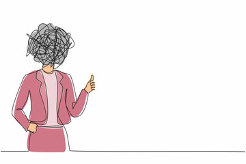 Poster - single continuous line drawing businesswoman with round scribbles instead of a head. female manager 