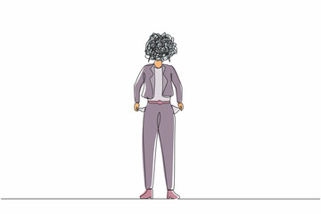 Poster - Single one line drawing businesswoman with round scribbles instead of head. Female manager with pockets turned outward, having no money. Bankrupt person. Continuous line draw design graphic vector