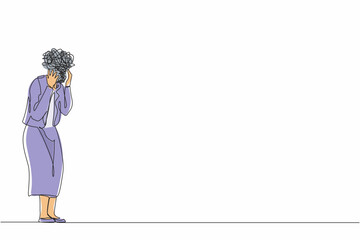 Poster - Single continuous line drawing businesswoman with round scribbles instead of head. Distressed worker hand on head gesture have overwork or deadline. Woman suffer headache. One line draw design vector
