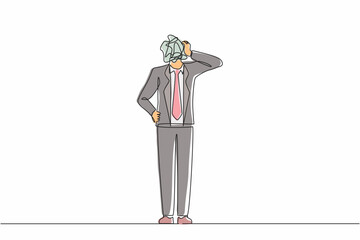 Poster - Continuous one line drawing businessman with round scribbles instead of a head. Doubting man standing and thinking, unsatisfied serious worrying human. Single line design vector graphic illustration