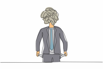 Poster - Single one line drawing businessman with round scribbles instead of a head. Worker with pockets turned outward, having no money. Broke person concept. Continuous line draw design vector illustration