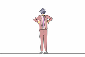 Poster - Continuous one line drawing businessman with round scribbles instead of head. Confused male manager standing and showing thumbs down sign. Disagreement, dislike. Single line draw design vector graphic