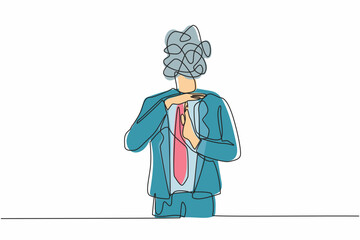 Poster - Single continuous line drawing businessman with round scribbles instead of head. Stop working, time break gesture, timeout signal. Pause. Nonverbal communication. One line draw graphic design vector